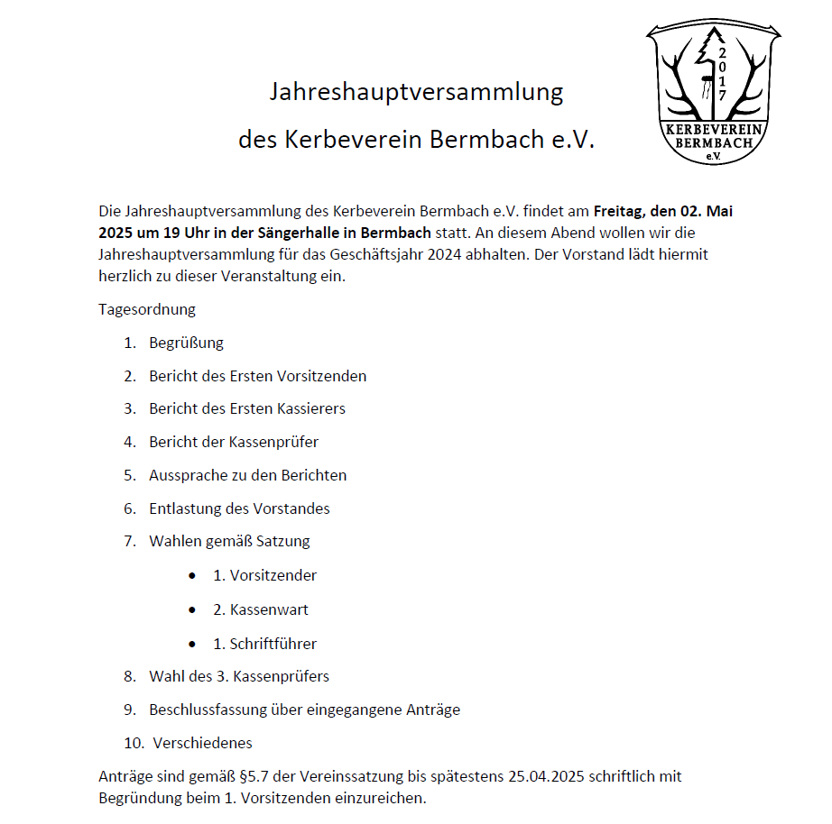 Jahreshauptversammlung 02. Mai 2025 19 Uhr Sängerhalle Bermbach